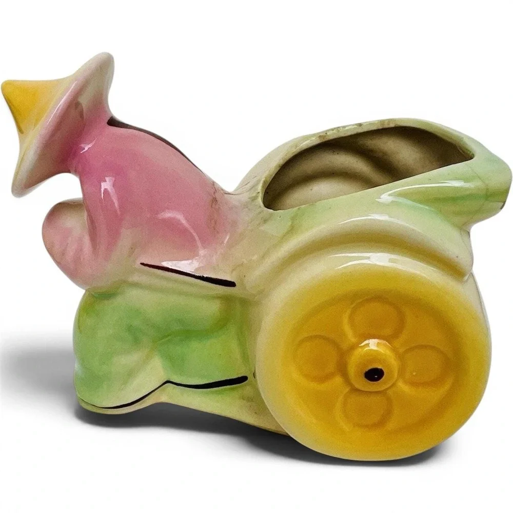 Planter Set Shawnee Pottery USA 539 Chinese‎ Man Rickshaw Cart Vintage Lot of 2